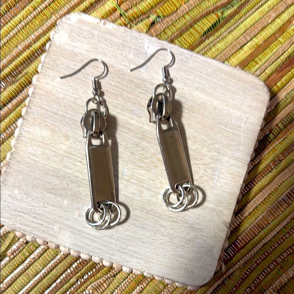162.  UNIQUE ZIPPER PULL Silver Dangle Earrings